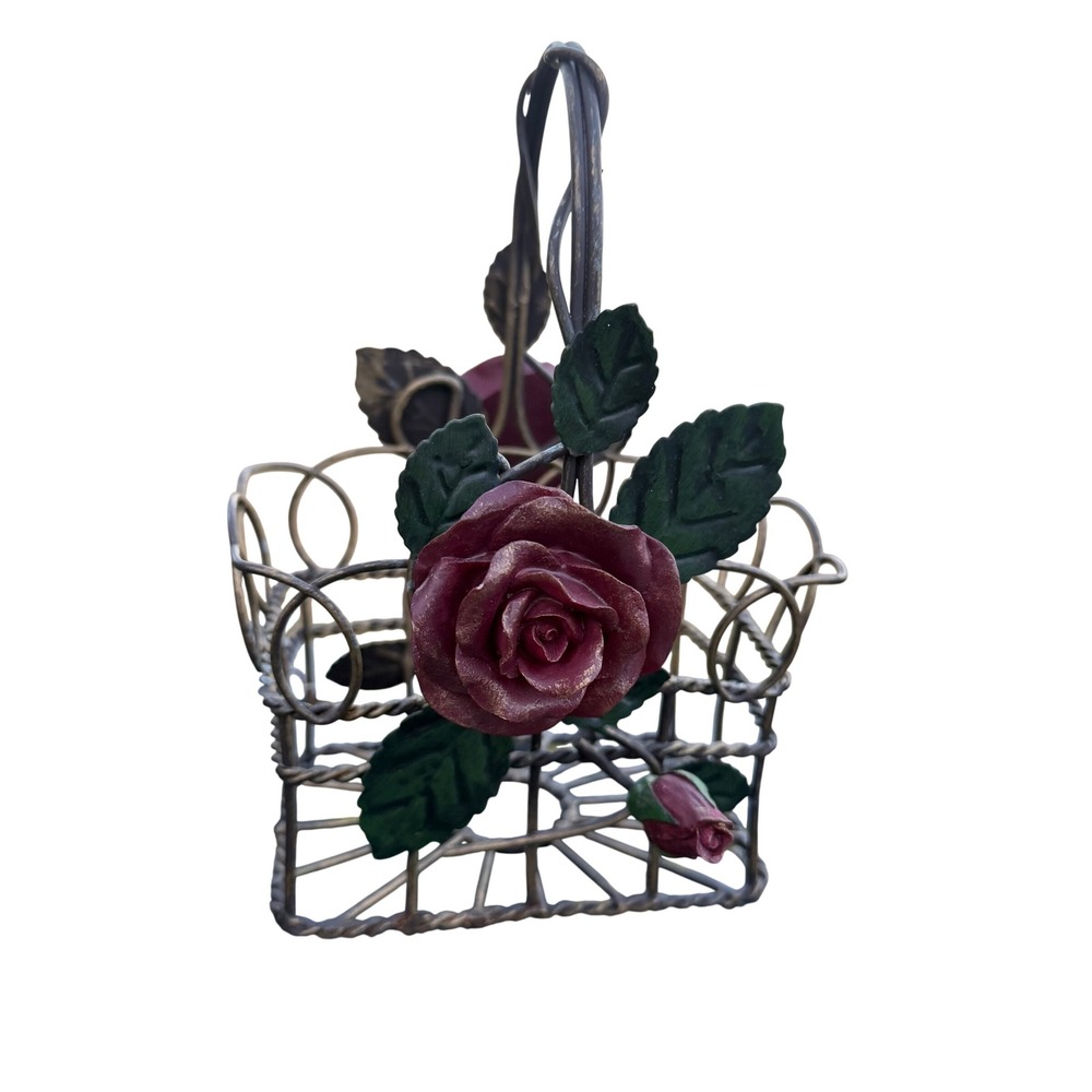 Vintage Metal Wire Basket with Red Roses Floral Accent Trinket Holder